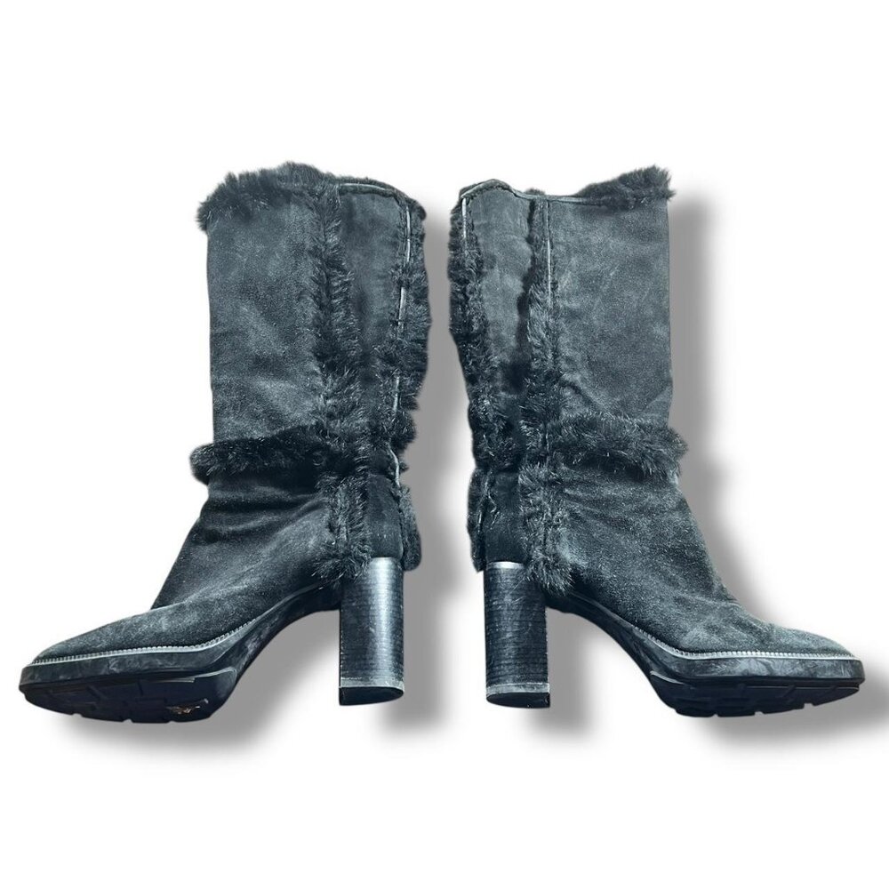 Aquatalia Italy Black Suede Fur Trim Heeled Boots